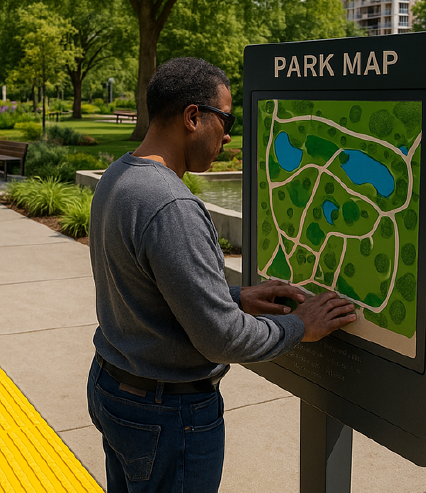A man reads a tactile park map along the Charlotte Braille Trail, his fingertips tracing the raised trail layout as a yellow tactile warning strip runs along the walkway at his feet.