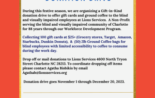 Lions Services Holiday Hope Donation Drive for the Blind and Visually Impaired in Charlotte ends December 20th, 2023. Donate Today.