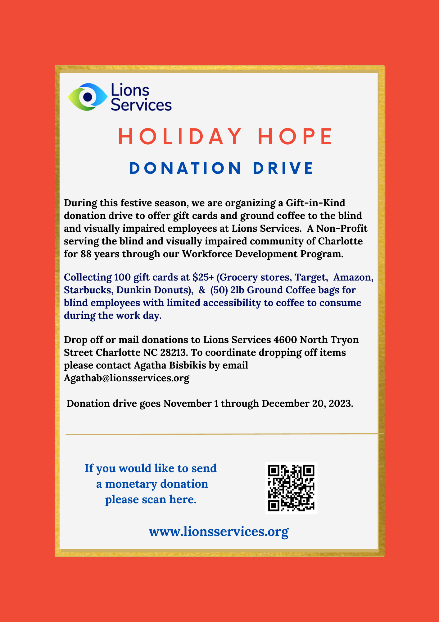 Lions Services Holiday Hope Donation Drive for the Blind and Visually Impaired in Charlotte ends December 20th, 2023. Donate Today.