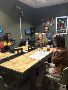 Images of 3 women sitting at recording station speaking into microphones.