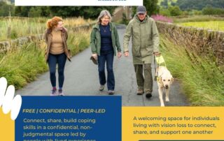 Blue and yellow background. Image of a man walking with a guide dog with 2 guests next to him.