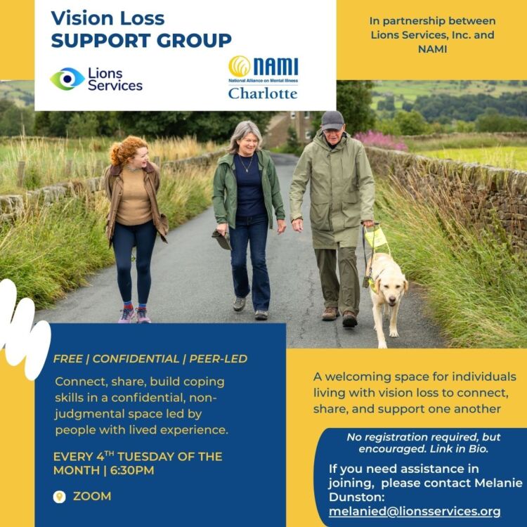 Blue and yellow background. Image of a man walking with a guide dog with 2 guests next to him.