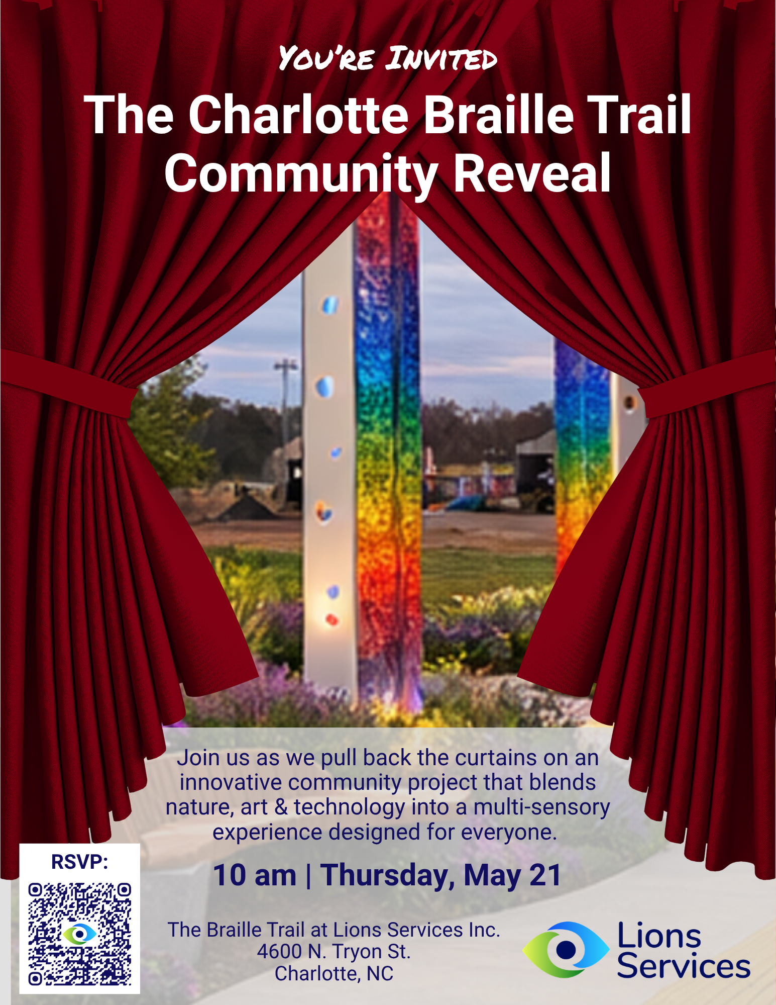 Flyer image: red curtains in middle a sculpture with rainbow colors sneak peek reveal of the Braille Trail.